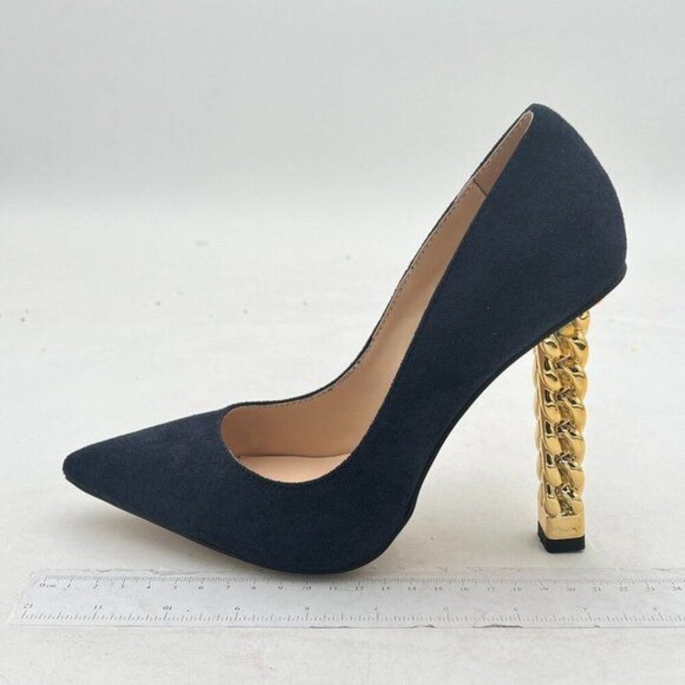 FSJ Navy Suede Gold Metal Chain Chunky High Heel Pointed Toe Slip On Prom Shoes - Picture 2 of 8